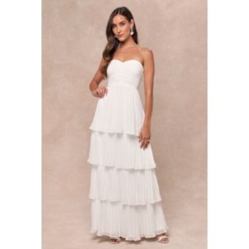Lulu's White Strapless Tiered Pleated Maxi Dress